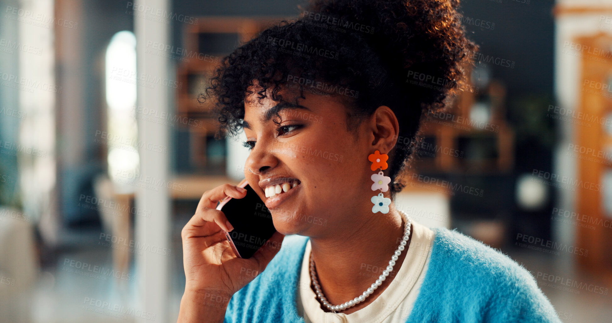 Buy stock photo Credit analyst, phone call or black woman in office for consultation, application discussion or company loan. Risk management, verify account info or talking with mobile, approval process or contract