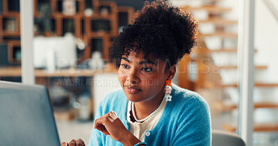 Buy stock photo Smile, woman or laptop with research in office for manuscript revision, editing draft or feedback. Media agency, editor or tech at desk for reading submission, newsletter review or story publication