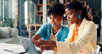 Buy stock photo Media agency, laptop and women in office, conversation and brainstorming for publication. People, magazine editor and journalists in meeting, cooperation and pc with discussion, creativity or ideas