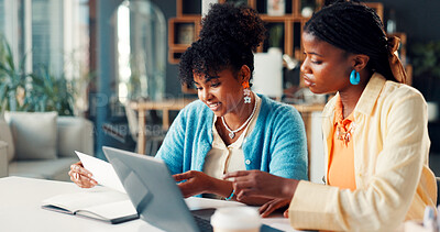 Buy stock photo Media agency, laptop and women with teamwork, conversation and brainstorming for article. People, magazine editor and journalists with submission, cooperation and pc with discussion, creative or idea