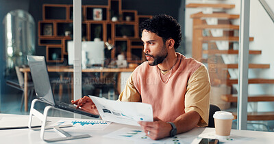 Buy stock photo Laptop, business man and paperwork in office for campaign oversight, KPI data or market trends. Marketing manager, tech or SEO graphs to track user behavior, project management or competitor analysis