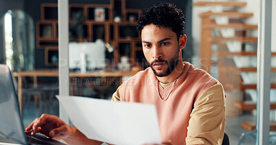 Buy stock photo Man, laptop and reading document at house for accounting, finance report and budget review. Male person, remote work and pc with paperwork, financial statement and audit comparison for investment