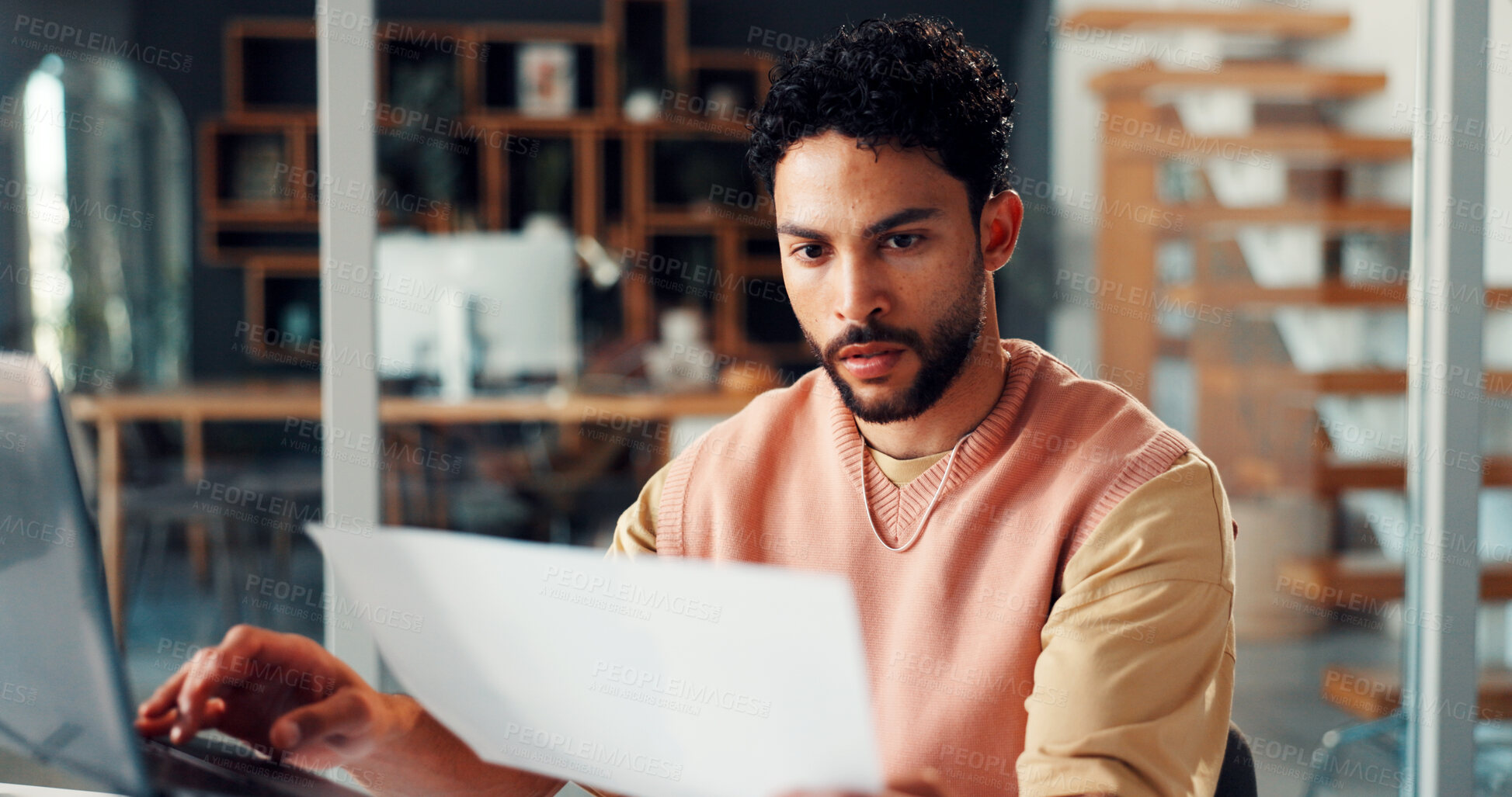 Buy stock photo Man, laptop and reading document at house for accounting, finance report and budget review. Male person, remote work and pc with paperwork, financial statement and audit comparison for investment