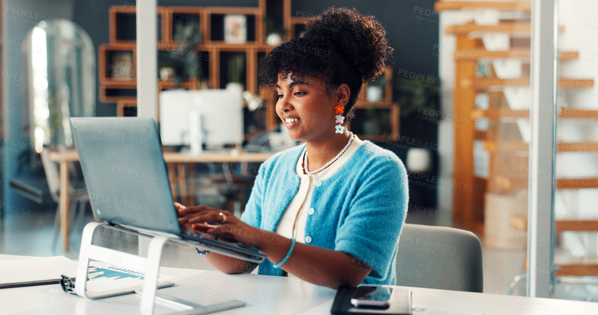 Buy stock photo African woman, typing and laptop at house for research, finance report and data analysis. Female person, remote work or pc with paperwork, revenue graphs and financial comparison of audit information