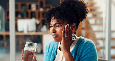 Buy stock photo Toothache, cold water and woman in office with pain, cavity or dental emergency in morning. Drinking, orthodontic problem and female person with beverage for teeth sensitivity or decay in workplace.