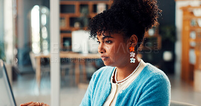 Buy stock photo Reading, woman or laptop with research in office for article draft, editing column or proofreading. Publishing agency, journalist or tech for newsletter review, story publication or submission upload