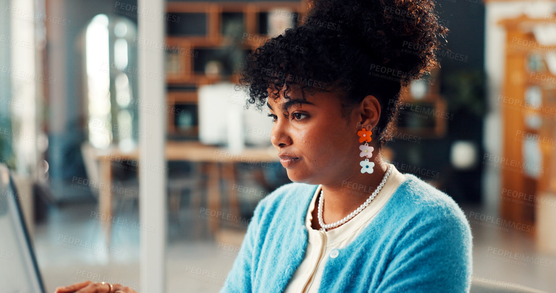 Buy stock photo Reading, woman or laptop with research in office for article draft, editing column or proofreading. Publishing agency, journalist or tech for newsletter review, story publication or submission upload