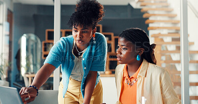 Buy stock photo Media agency, laptop and women in office, discussion and brainstorming for publication. People, magazine editor and journalists with email, cooperation and pc with planning, creativity or coaching