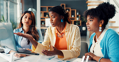 Buy stock photo Creative, team and women with laptop, office and planning for design project, discussion and online. Talking, graphic designer and colleagues with tech for brand identity, collaboration and paperwork