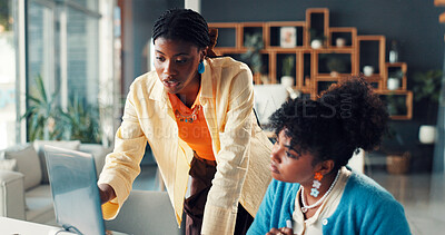 Buy stock photo Media agency, laptop and women with help, conversation and brainstorming for publication. Coaching, magazine editor and journalist team in workplace, advice and pc with planning, feedback or mentor