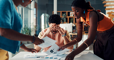 Buy stock photo Business people, stress and overwhelmed in office with paperwork, meeting and proposal in agency. Chaos, deadline and graphs with multitasking, document and burnout with discussion and busy staff
