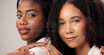 Buy stock photo Portrait, cosmetics and women in studio, beauty and wellness on gray background. Dermatology, skincare and African people with healthy skin, texture and aesthetic with grooming, shine or natural glow