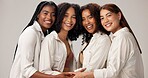 Smile, fashion and portrait of women in studio with bonding, happiness or trendy outfit together. Female empowerment, solidarity and girl friends with casual style for confidence by white background.
