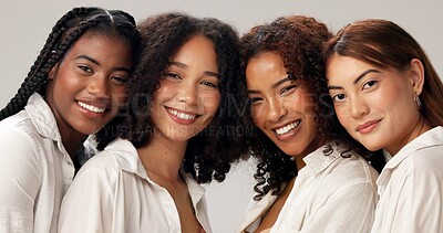 Buy stock photo Portrait, smile and women for beauty in studio with cosmetics, natural glow and solidarity. Diversity, people or friends for makeup, healthy skin and self care support of makeover on white background