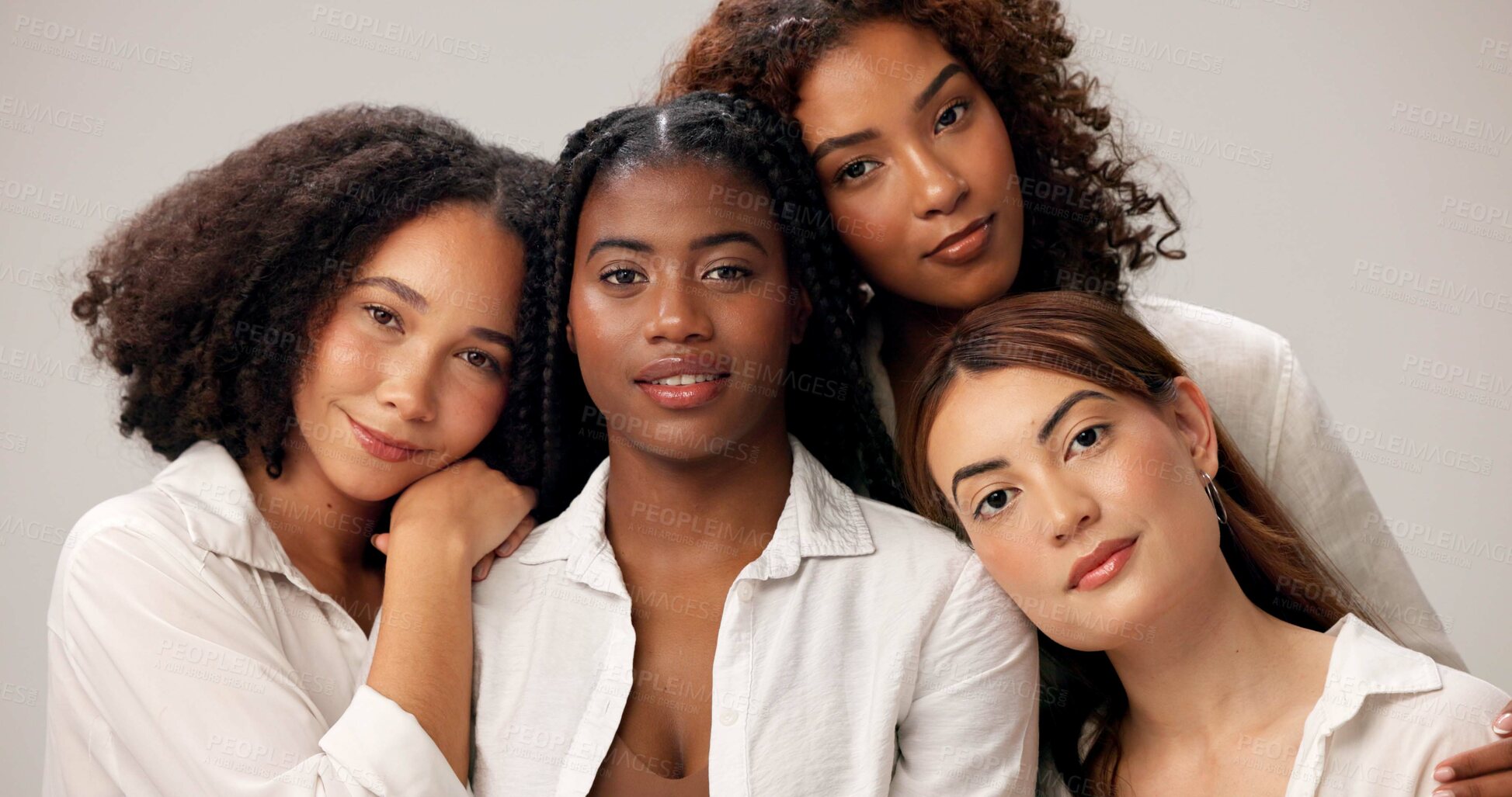 Buy stock photo Group, fashion and portrait of women in studio with bonding, smile or community together. Female empowerment, solidarity and girl friends with casual style for confidence by white background.