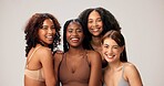 Skincare, diversity and portrait of women in studio for beauty, inclusion and self care community. Dermatology, aesthetic and solidarity with group of people on white background for salon and glow