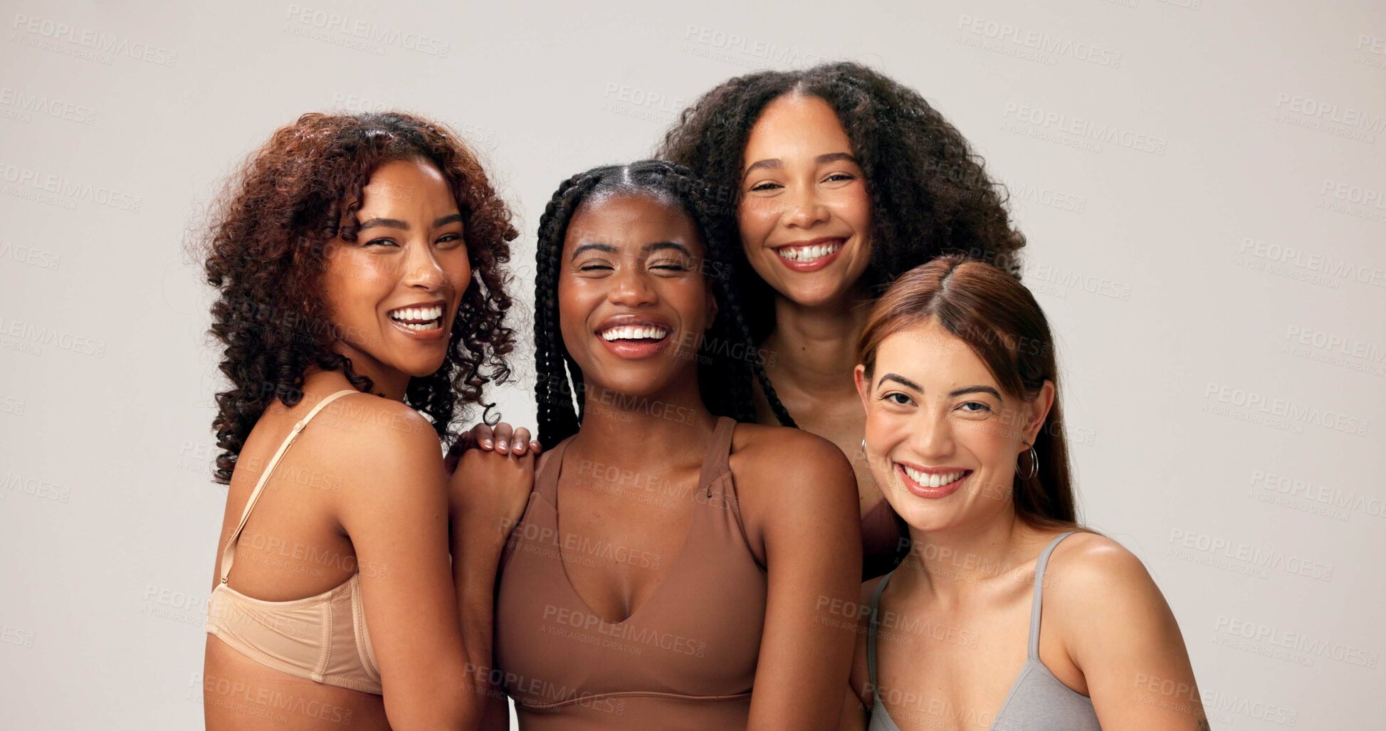 Buy stock photo Skincare, diversity and portrait of women in studio for beauty, inclusion and self care community. Dermatology, aesthetic and solidarity with group of people on white background for salon and glow