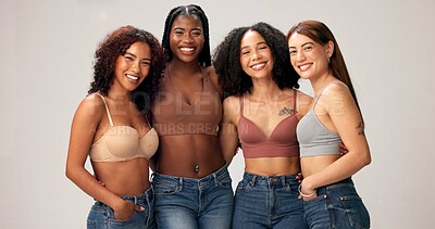 Buy stock photo Hug, diversity and smile with portrait of women in studio for feminism, inclusion and self love community. Empowerment, aesthetic and solidarity with group of people on white background for support