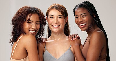 Buy stock photo Aesthetic, diversity and portrait with women in studio for skincare, inclusion and self care. Dermatology, beauty and solidarity with group of people on white background for salon, support and glow