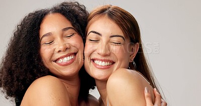 Buy stock photo Portrait, smile and women in studio, dermatology and wellness on gray background. Cosmetics, skincare and happy people with healthy skin, texture and aesthetic with makeup, grooming and beauty