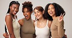 Hug, fashion and portrait of women in studio with bonding, happiness or trendy outfit together. Female empowerment, peace sign and girl friends with casual style for confidence by white background.