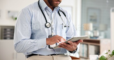 Buy stock photo Hands, healthcare and tablet with doctor in hospital for planning, research or review of records. App, medical and telehealth with man in office of clinic for diagnosis results, feedback or report