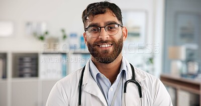 Buy stock photo Portrait, doctor and man in hospital, smile and glasses with career ambition, pride and healthcare. Happy person, cardiology and professional in clinic, medical service and confidence with eyewear