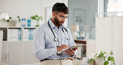 Buy stock photo Medical, tablet and telehealth with doctor in hospital for planning, research or review of records. App, healthcare and information with man in office of clinic for feedback, report or results