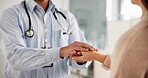 Advice, doctor and patient holding hands in office for care, kindness and help in clinic. Support, comfort and medical advisor with person for empathy, counseling or hospital healthcare consultation