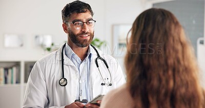 Buy stock photo Healthcare, doctor and patient with tablet for consultation, follow up appointment and test results. Condition diagnosis, tech and people in hospital for physical health exam, medical advice and help