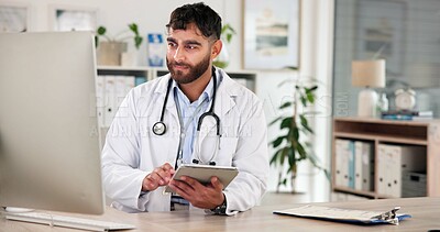 Buy stock photo Computer, healthcare and tablet with doctor in hospital for planning, research or review of records. App, medical and telehealth with man at work on pc for diagnosis results, feedback or report
