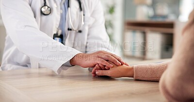 Buy stock photo Doctor, patient or holding hands in office with support for healthcare checkup, test results or advice. Medical professional, people and comfort with empathy for consultation, diagnosis and feedback.