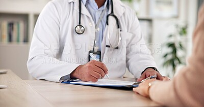 Buy stock photo Hands, person and doctor with clipboard in office for assessment, symptoms and medical record. Healthcare worker, checklist and information for patient diagnosis, treatment plan and compliance form