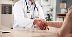 Doctor, patient and shaking hands in office with welcome for consultation, checkup and appointment. Medical professional, people and handshake with greeting for healthcare, support and introduction.