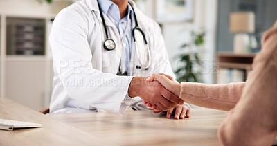 Buy stock photo Doctor, patient and shaking hands in office with welcome for consultation, checkup and appointment. Medical professional, people and handshake with greeting for healthcare, support and introduction.