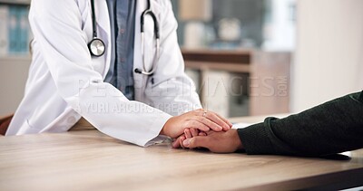 Buy stock photo Doctor, patient or holding hands in office with comfort for healthcare checkup, test results or advice. Medical professional, people and support with empathy for consultation, diagnosis and feedback.
