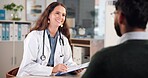 Smile, doctor and clipboard with man in office for assessment, symptoms and medical record. People, checklist and healthcare information for patient diagnosis, treatment planning and compliance form