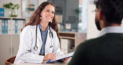 Buy stock photo Smile, doctor and clipboard with man in office for assessment, symptoms and medical record. People, checklist and healthcare information for patient diagnosis, treatment planning and compliance form