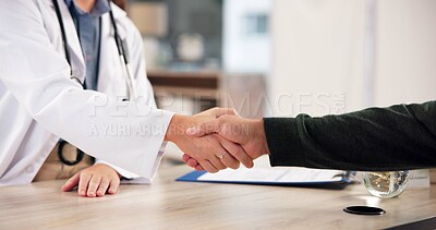 Buy stock photo Doctor, patient and shaking hands in office with greeting for consultation, checkup and appointment. Medical professional, people and handshake with welcome for healthcare, support and introduction.