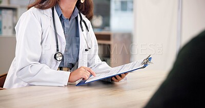 Buy stock photo Hands, person and doctor with clipboard in hospital for assessment, symptoms and medical record. Healthcare worker, checklist and information for patient diagnosis, treatment plan and compliance form