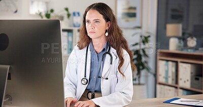 Buy stock photo Night, doctor and woman in office, computer and online reading with research for medicare. Person, medical service and professional with pc, internet and email for insurance, healthcare and network