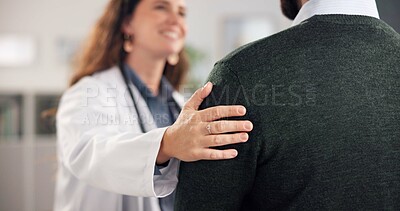 Buy stock photo Hand, doctor and man with comfort, consultation and healing with recovery, support and advice. Compassion, medical service and professional with healthcare, appointment and kindness with diagnosis