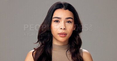 Buy stock photo Studio, haircare and woman with pride, portrait or cosmetics for texture, shine and white background. Mockup space, person and confident for hair maintenance, nourishment and  self care for growth