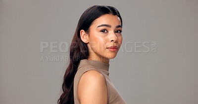 Buy stock photo Haircare, shine and woman with pride, portrait or cosmetics for texture, studio and white background. Mockup space, person and confident for hair maintenance, nourishment and self care for growth