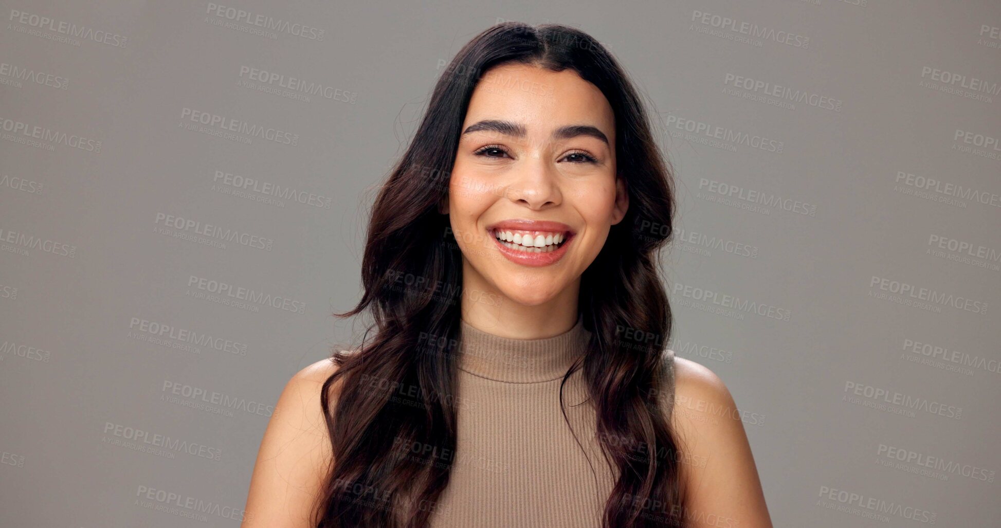 Buy stock photo Beauty, space and portrait of woman in studio for cosmetics, wellness and skincare. Dermatology, mockup and face of happy person with smile for natural texture, glow and shine on gray background