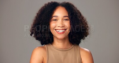 Buy stock photo Studio, haircare and woman with smile, portrait or cosmetics for texture, shine and white background. Happy, African person and confident for hair maintenance, growth and self care for hairstyle