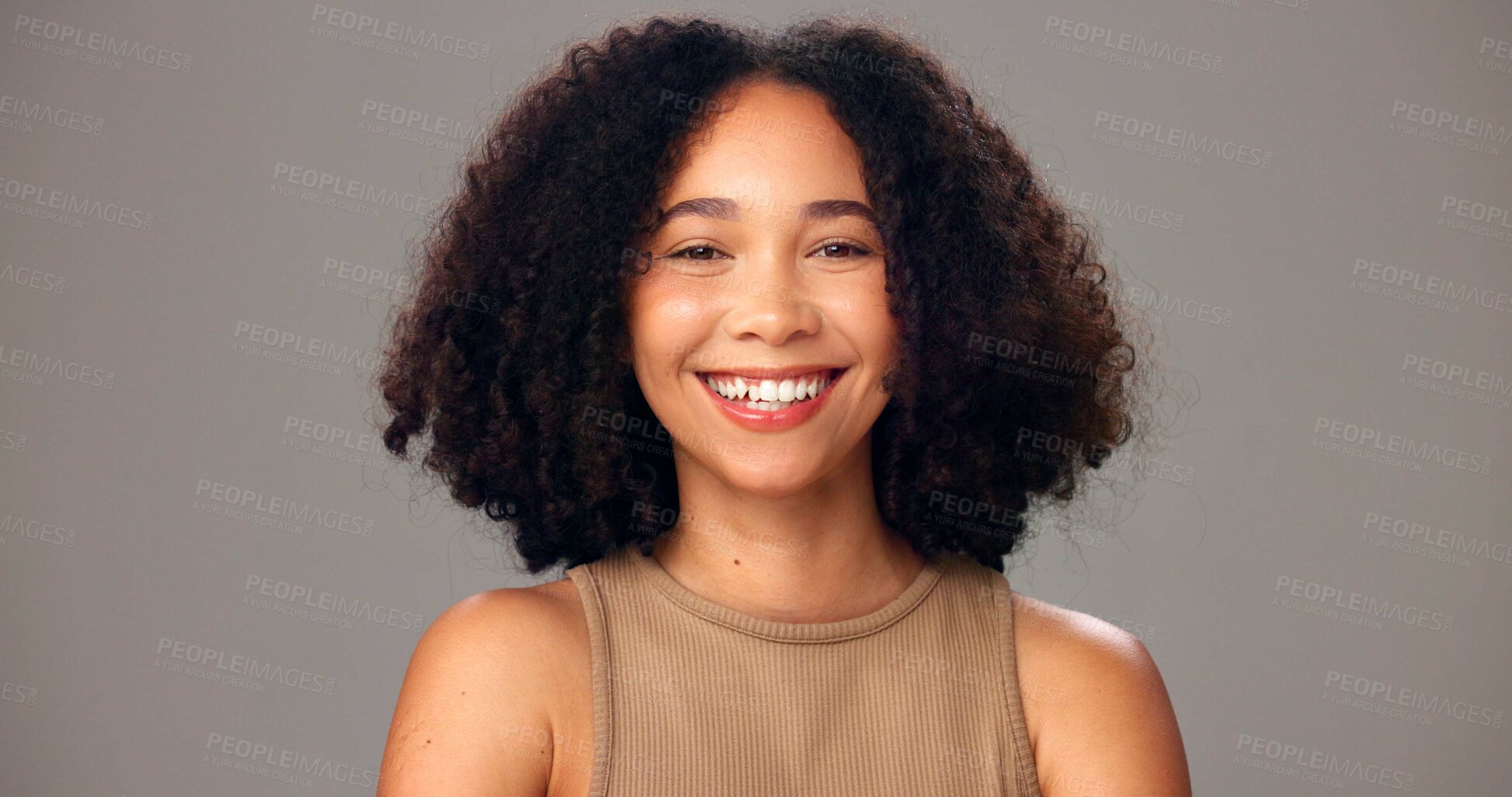 Buy stock photo Studio, haircare and woman with smile, portrait or cosmetics for texture, shine and white background. Happy, African person and confident for hair maintenance, growth and self care for hairstyle