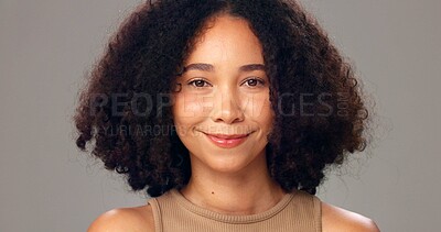 Buy stock photo Beauty, haircare and woman in studio, portrait or cosmetics for texture, shine and white background. Happy, African person and confident for hair maintenance, wellness and self care for hairstyle