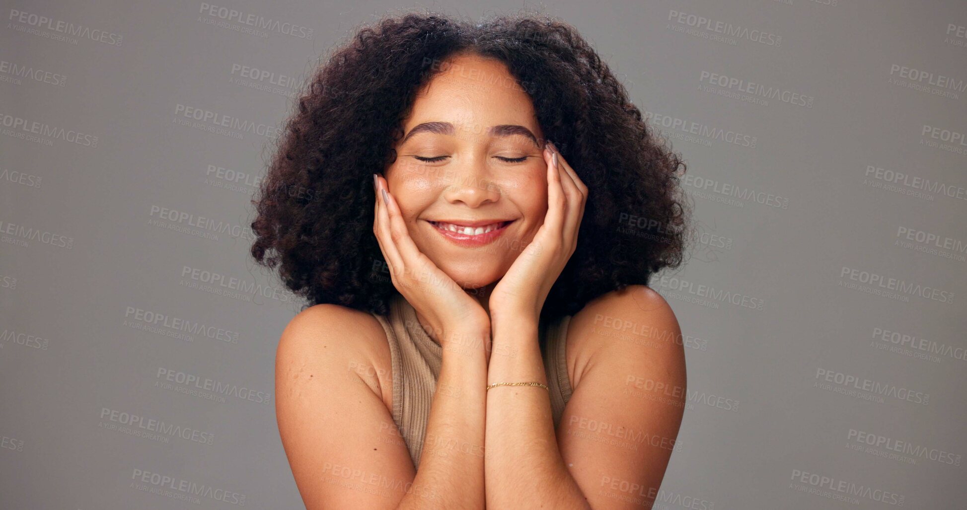 Buy stock photo Beauty, woman and happy with skincare in studio for healthy skin, glow and hydration. Mockup space, girl and smile on gray background for collagen treatment results, natural hair and dermatology