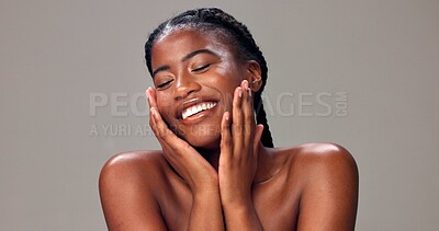 Buy stock photo Beauty, woman and smile with skincare in studio for healthy skin, acne treatment results and glow. Mockup space, black person and happy on gray background for natural shine, dermatology and radiance